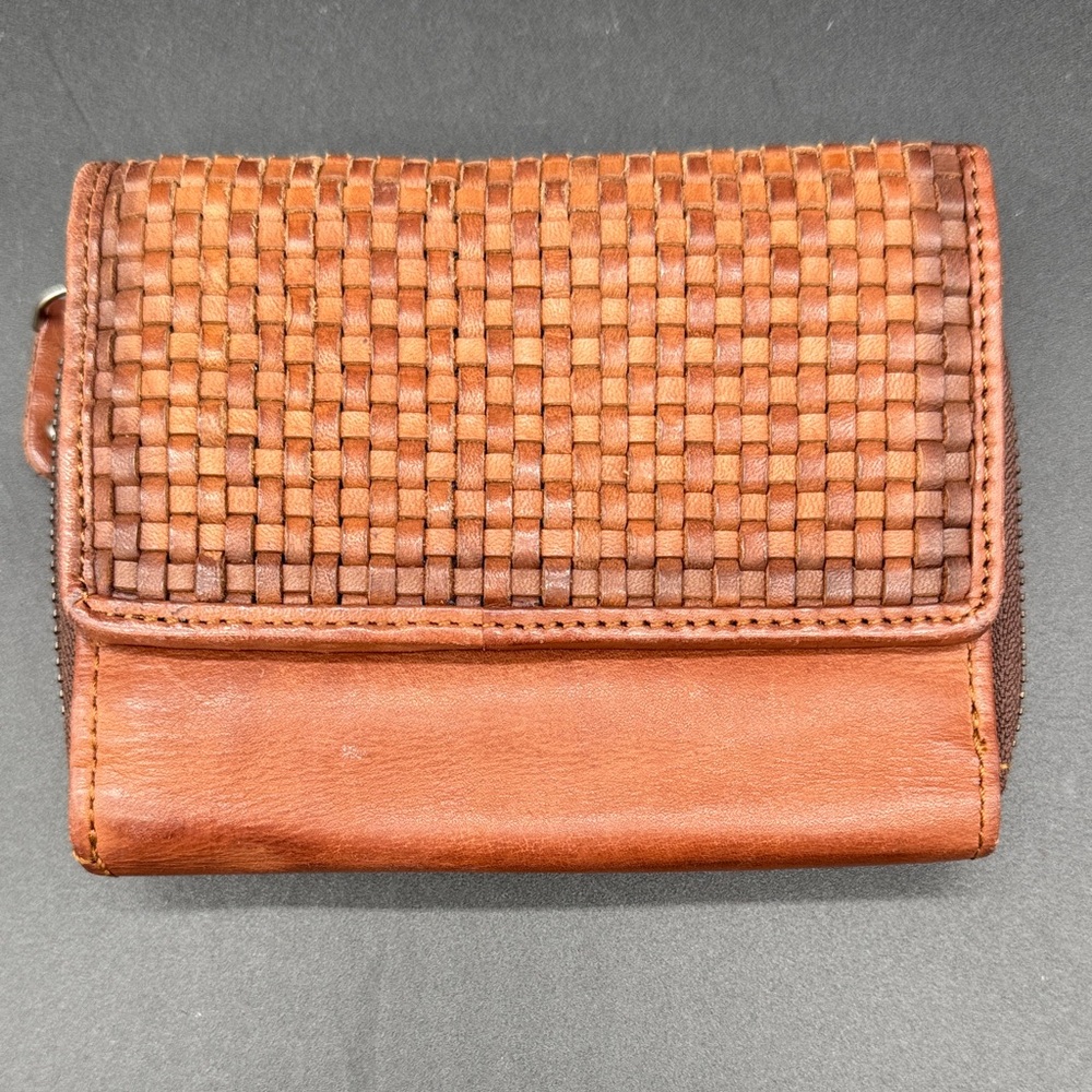 Harbour 2nd Brown Leather Woven Wallet Tri-Fold Design with Zip Coin Pocket